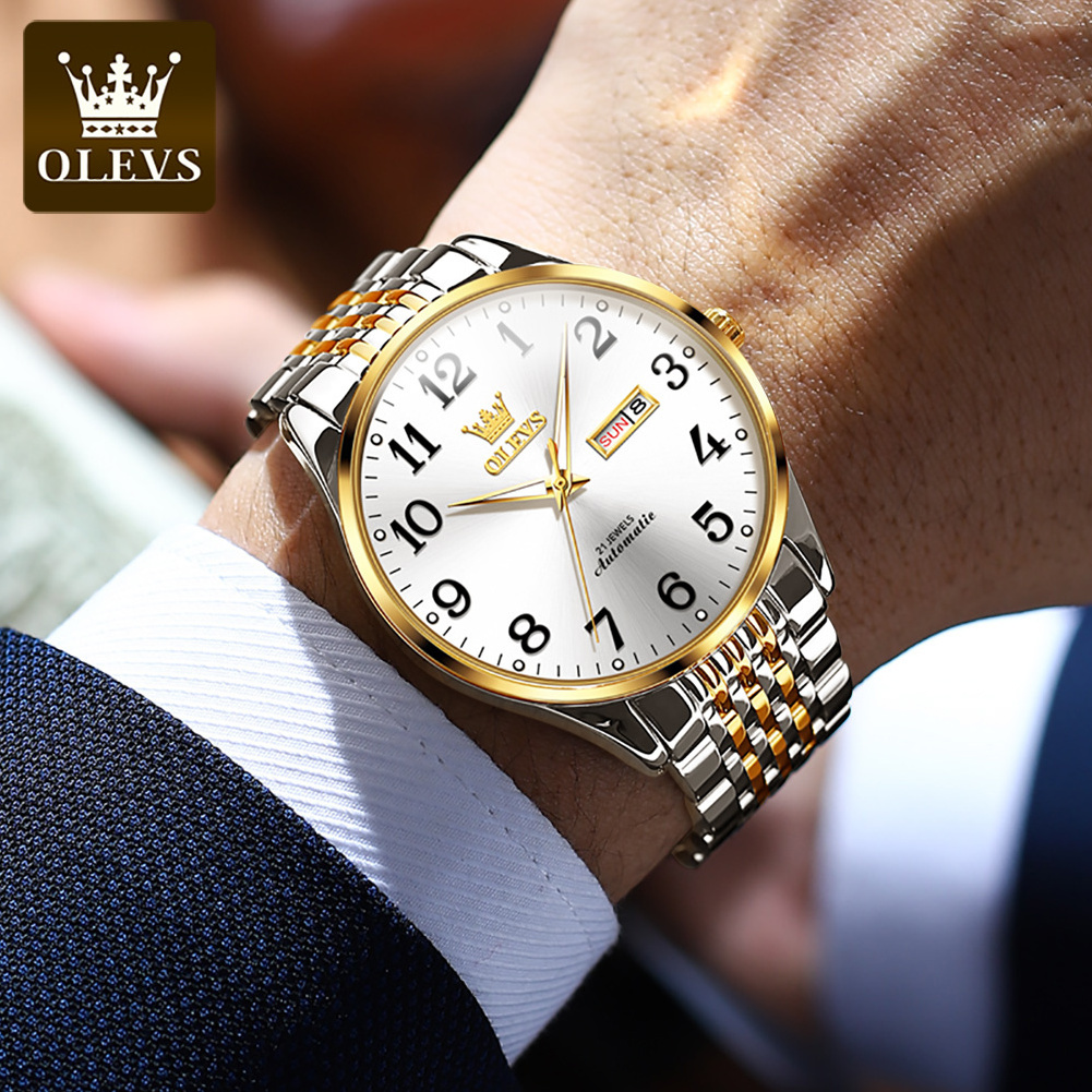 OLEVS 6666 unique golden gents mechanical watch stainless steel band water proof date display old business wrist watch