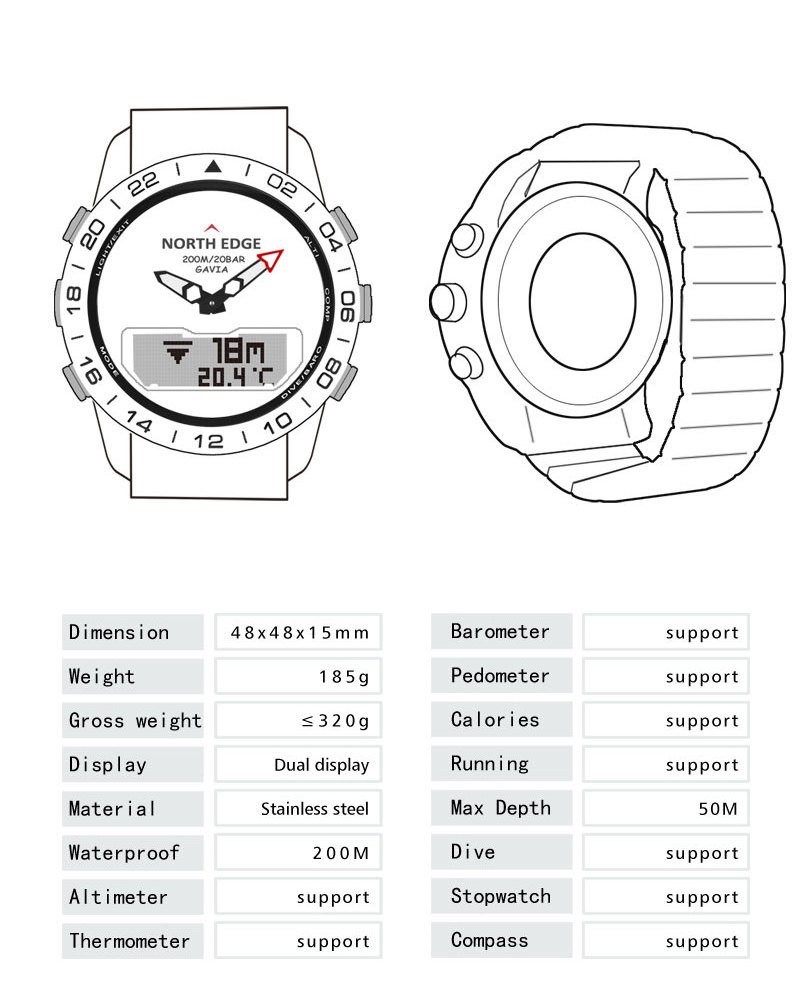 NORTH EDGE Gavia men Professional Diving Computer Watch Scuba Diving  100M Dive Watches Altimeter Barometer