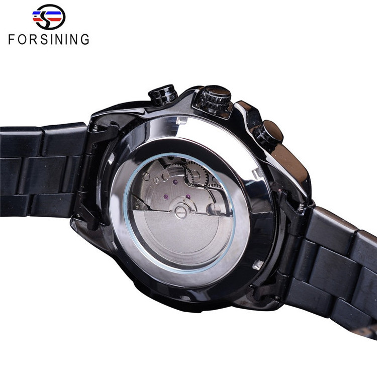 Forsining Three Dial Calendar Display Black Stainless Steel Men Automatic Wrist Watch Top Brand Luxury Sport Male Clock