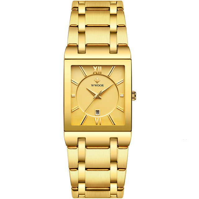 WWOOR 8858 Men Gold Watch Quartz Stainless Steel Waterproof Wristwatches Business Men Square Sport Watch High Quality