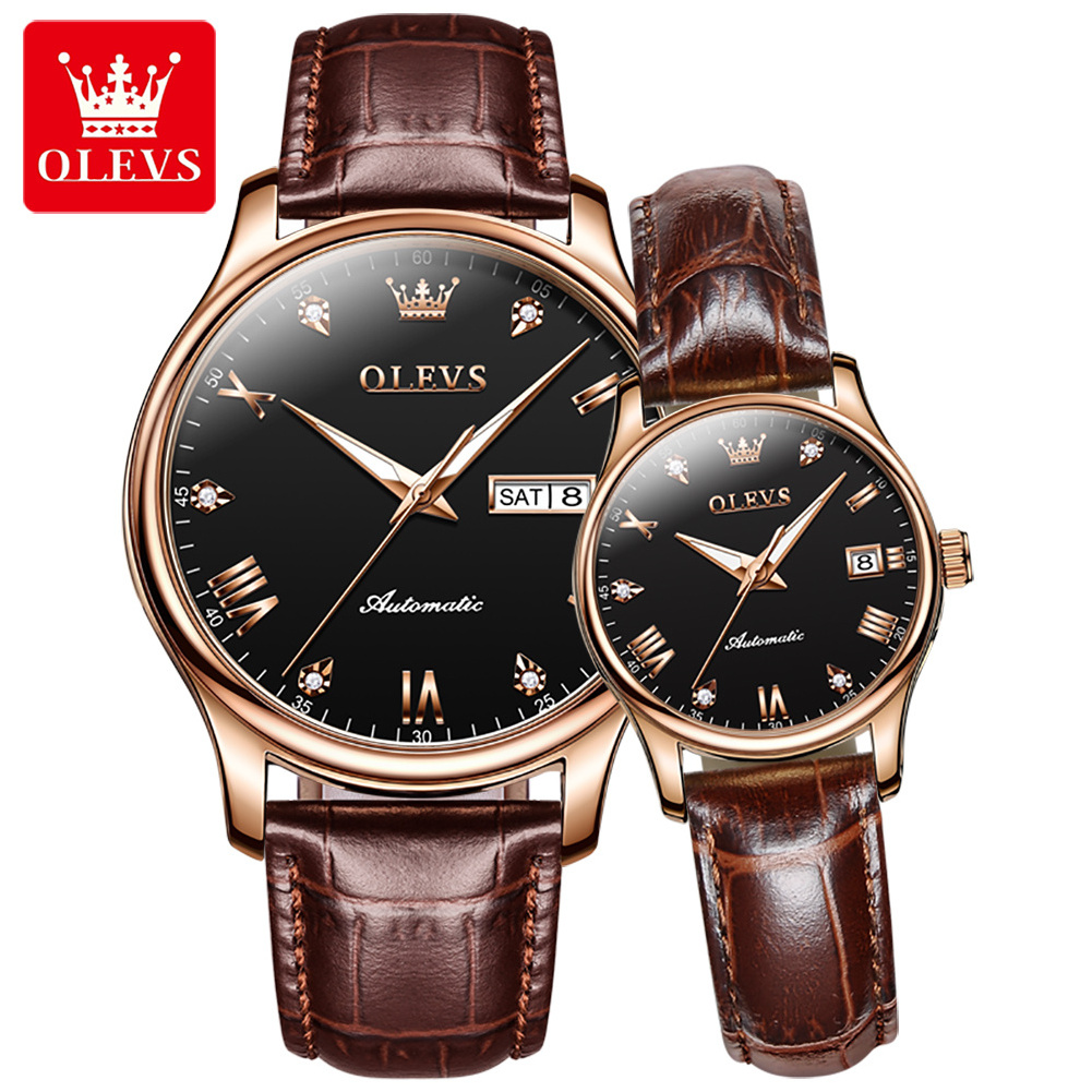 OLEVS Luxury Genuine Watch 2022 New Fashion Casual Couple Watches Mechanical Watch Luminous Waterproof Leather Strap Couple 9932