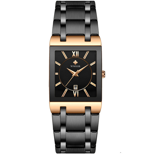 WWOOR 8858 Men Gold Watch Quartz Stainless Steel Waterproof Wristwatches Business Men Square Sport Watch High Quality