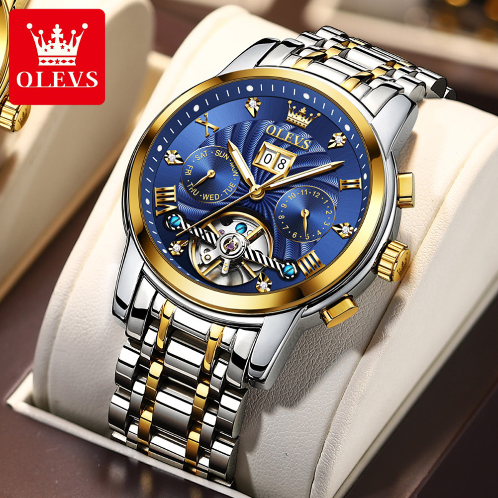 OLEVS 9910 hot sell men mechanical automatic steel Strap Waterproof tourbillon Luminous rugged date display business watch