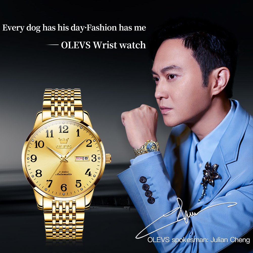 OLEVS 6666 unique golden gents mechanical watch stainless steel band water proof date display old business wrist watch