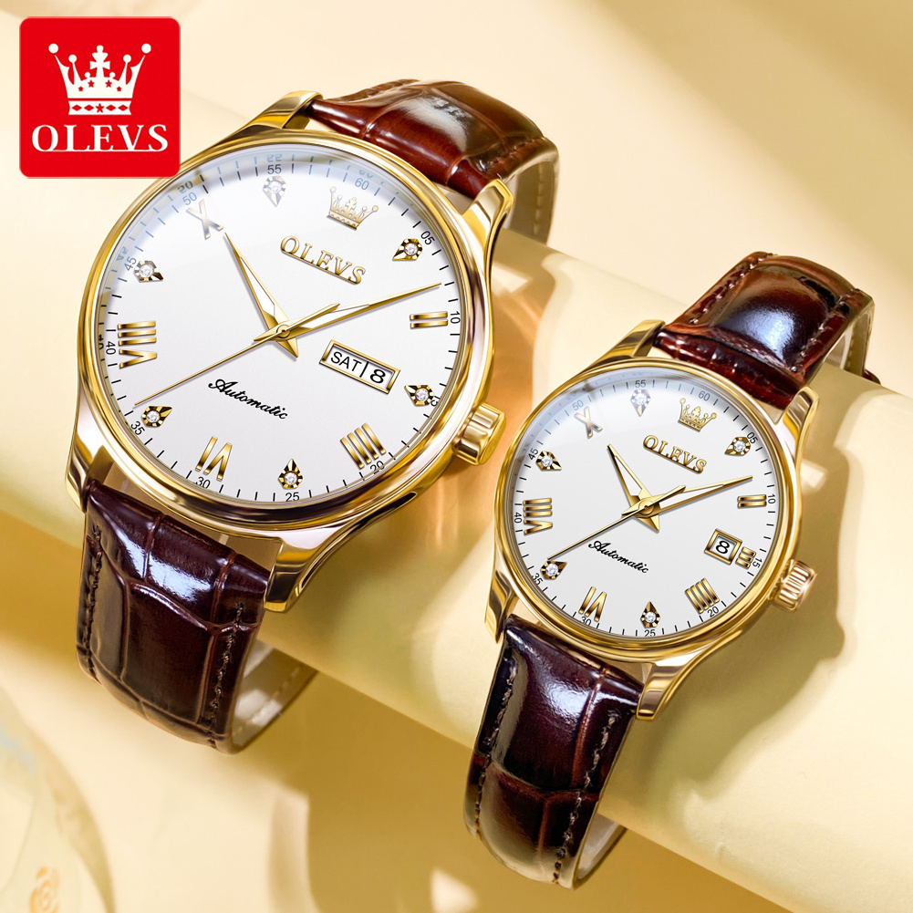 OLEVS Luxury Genuine Watch 2022 New Fashion Casual Couple Watches Mechanical Watch Luminous Waterproof Leather Strap Couple 9932