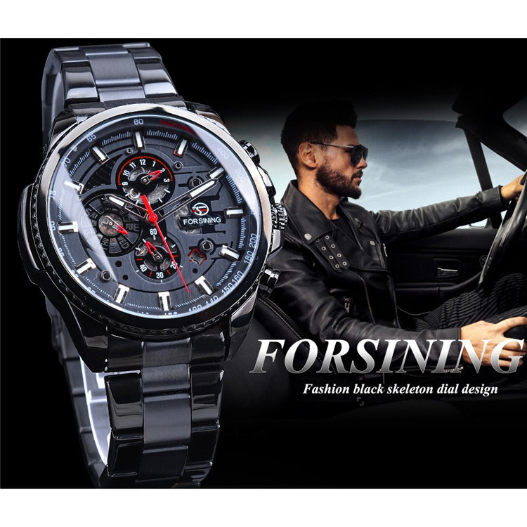 Forsining Three Dial Calendar Display Black Stainless Steel Men Automatic Wrist Watch Top Brand Luxury Sport Male Clock