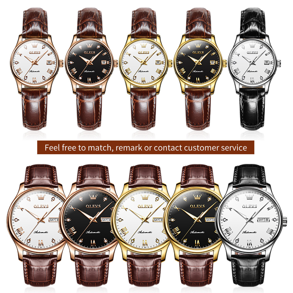 OLEVS Luxury Genuine Watch 2022 New Fashion Casual Couple Watches Mechanical Watch Luminous Waterproof Leather Strap Couple 9932