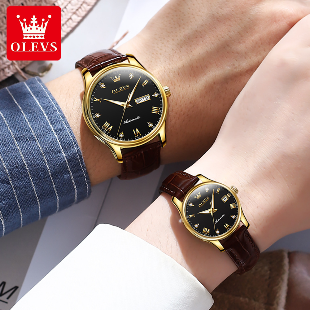 OLEVS Luxury Genuine Watch 2022 New Fashion Casual Couple Watches Mechanical Watch Luminous Waterproof Leather Strap Couple 9932