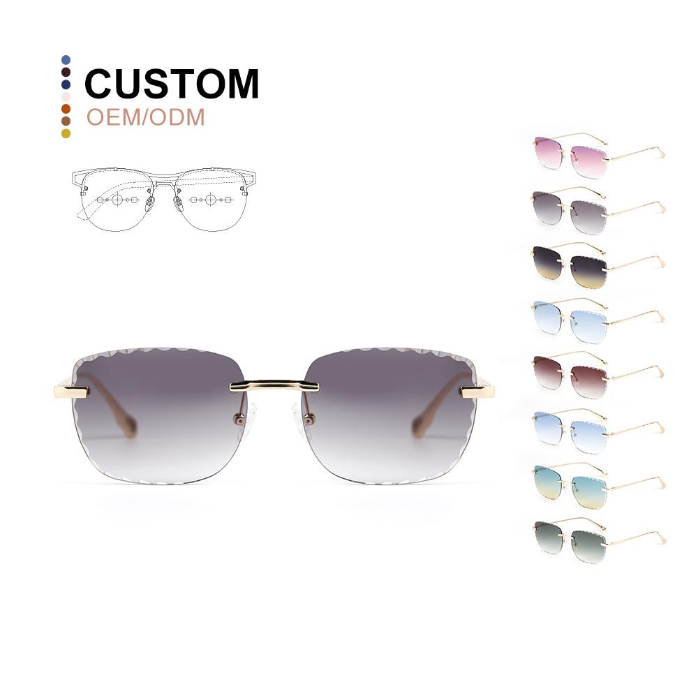 Fashion Tinted Nylon Lens Classic Women Luxury Stainless Steel Rimless Sunglasses Men with Stylish Diamond Cutting Process