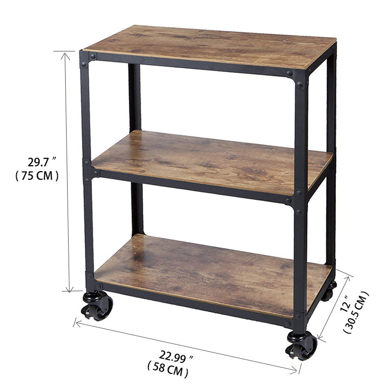 Home Movable Mobile Trolley on Wheels wooden Metal Frame Coffee Side Table with Storage Shelves Rack