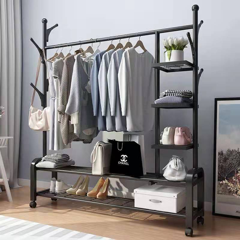 Clothing Rack on Wheels, Double Rails Rolling Clothes Rack with 2 Tier Shelves, Modern Heavy Duty Drying Rack with Side Rails