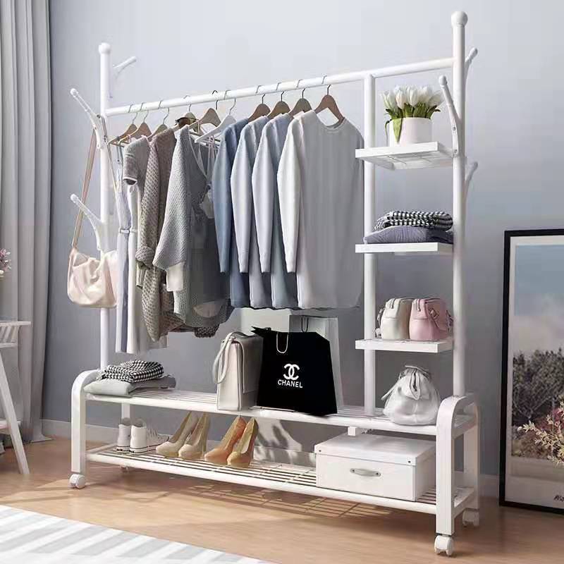 Clothing Rack on Wheels, Double Rails Rolling Clothes Rack with 2 Tier Shelves, Modern Heavy Duty Drying Rack with Side Rails