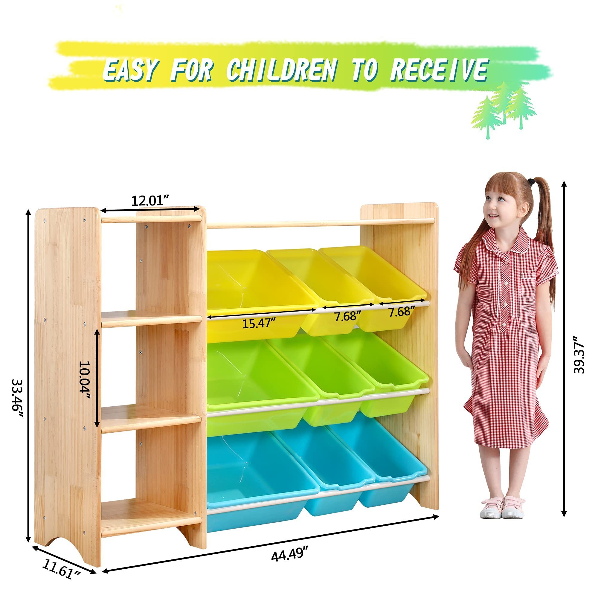 YQ FOREVER 4-Tier Kids Toy Wooden Storage Cabinet Cubes Children's Organizer with 9 Plastic Bins