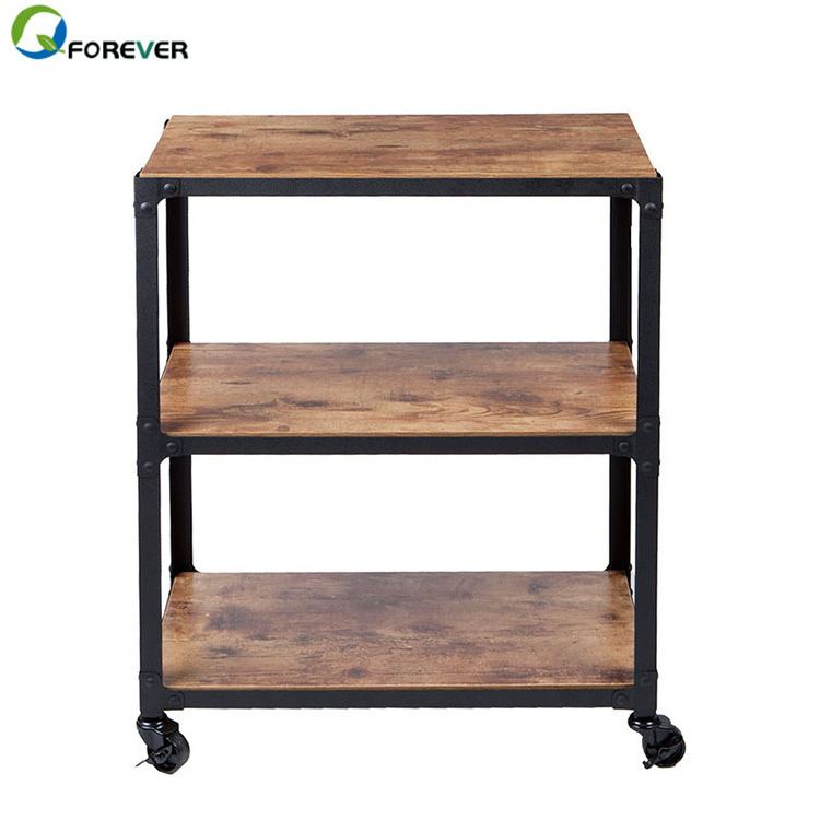 Home Movable Mobile Trolley on Wheels wooden Metal Frame Coffee Side Table with Storage Shelves Rack