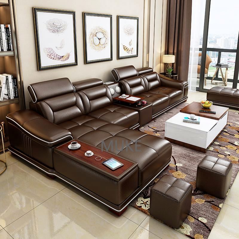 Leather sofa simple modern furniture chaise corner smart sofa set