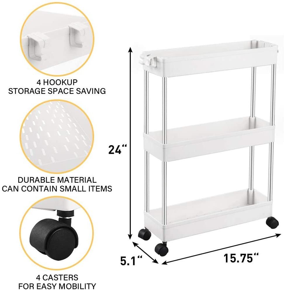 3 Tier Slim Storage Cart Mobile Shelving Unit Organizer Slide Out Storage Rolling Utility Cart Tower Rack for Kitchen Bathroom