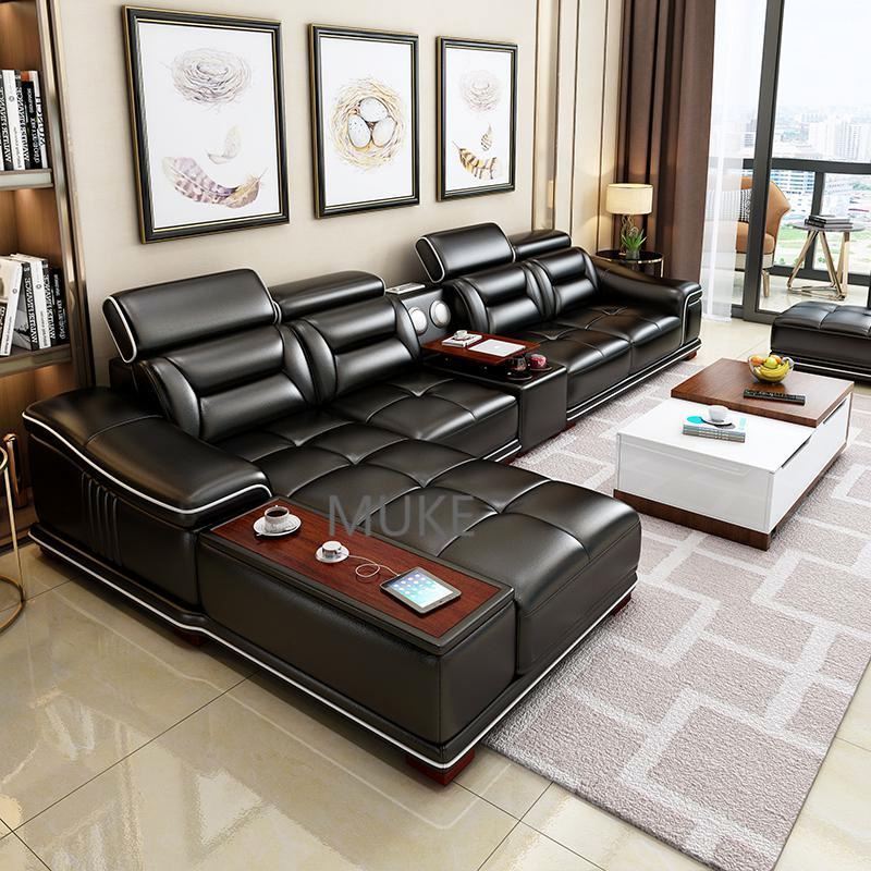 Leather sofa simple modern furniture chaise corner smart sofa set