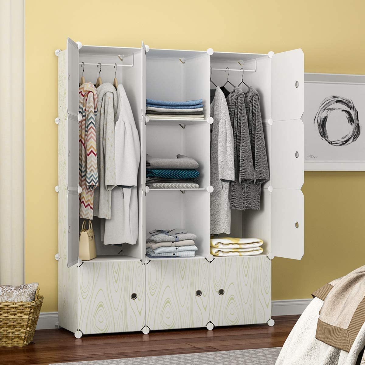 Portable Closet Wardrobes with Clothes Hanging Rod, Closet Organizers and Storage Shelves Cabinet Armoire for Bedroom