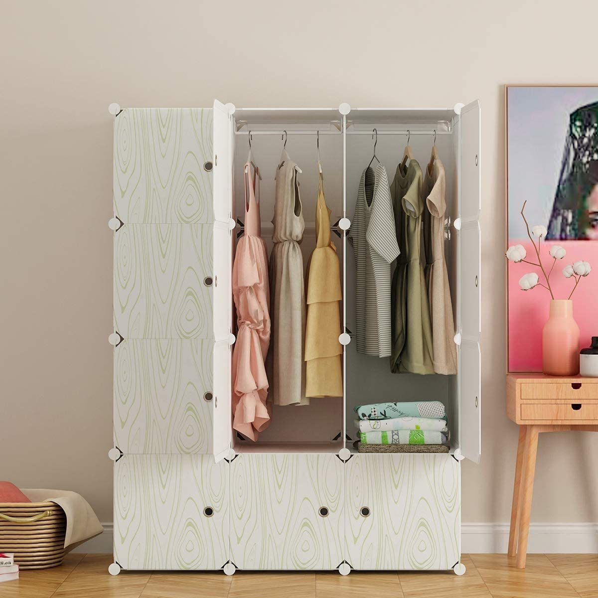 Portable Closet Wardrobes with Clothes Hanging Rod, Closet Organizers and Storage Shelves Cabinet Armoire for Bedroom