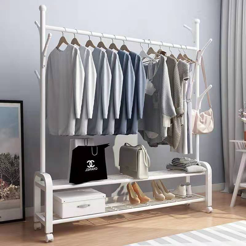 Clothing Rack on Wheels, Double Rails Rolling Clothes Rack with 2 Tier Shelves, Modern Heavy Duty Drying Rack with Side Rails