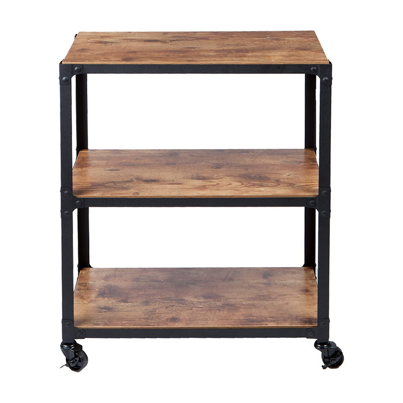 Home Movable Mobile Trolley on Wheels wooden Metal Frame Coffee Side Table with Storage Shelves Rack