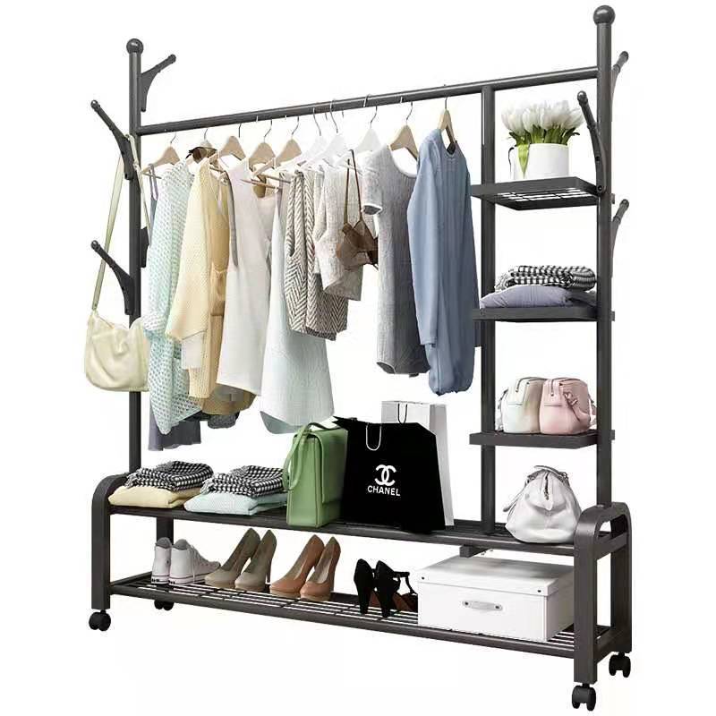 Clothing Rack on Wheels, Double Rails Rolling Clothes Rack with 2 Tier Shelves, Modern Heavy Duty Drying Rack with Side Rails