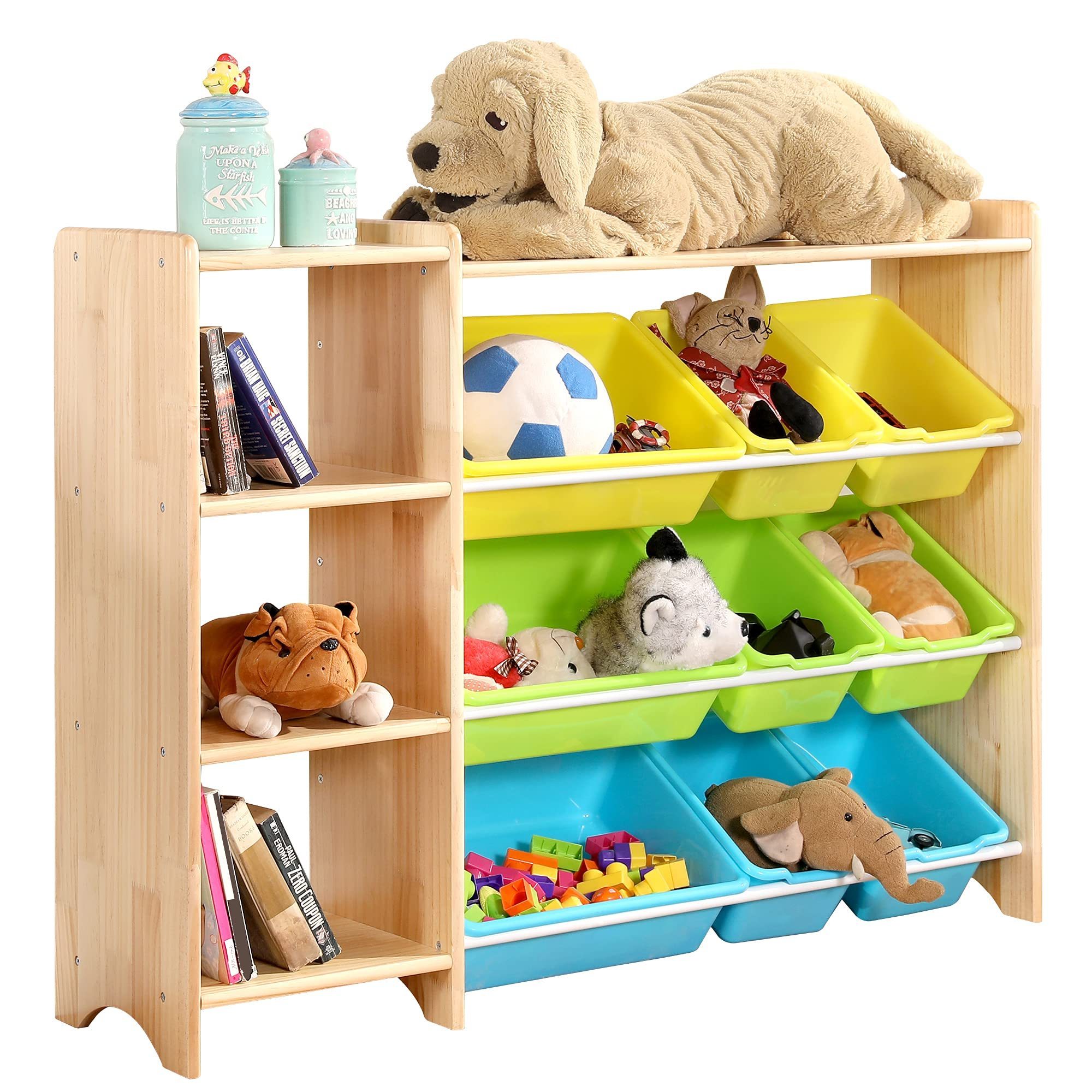 YQ FOREVER 4-Tier Kids Toy Wooden Storage Cabinet Cubes Children's Organizer with 9 Plastic Bins