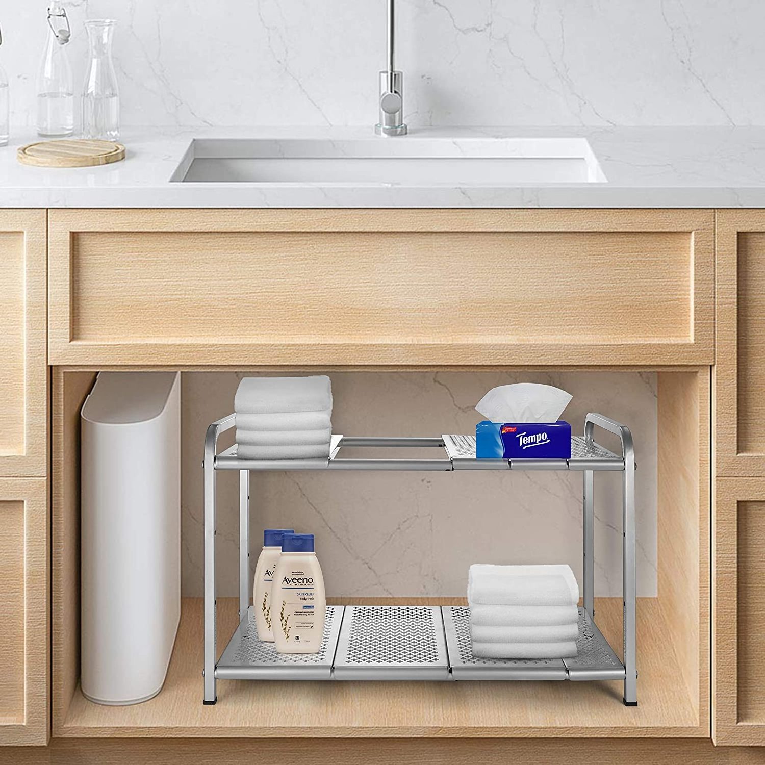 Simple Trending 2-Tier Under Sink Expandable Cabinet Shelf Organizer Rack for Kitchen Bathroom Storage, Silver