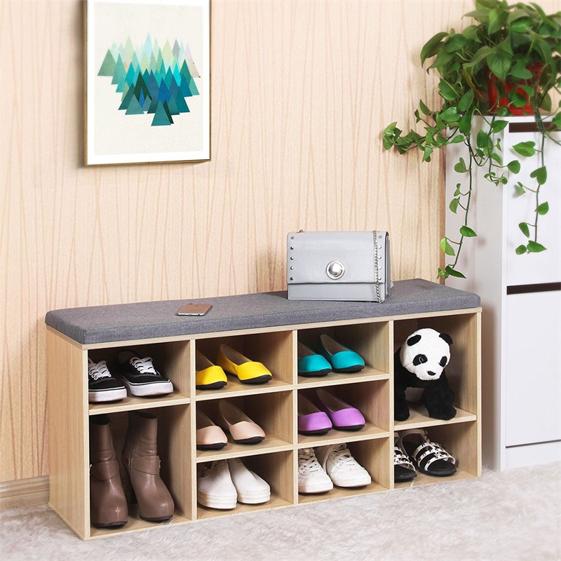 Wooden Cube Shoe Rack Storage Cabinet Bench with Seat Cushion Organizer Shelf for Home Furniture