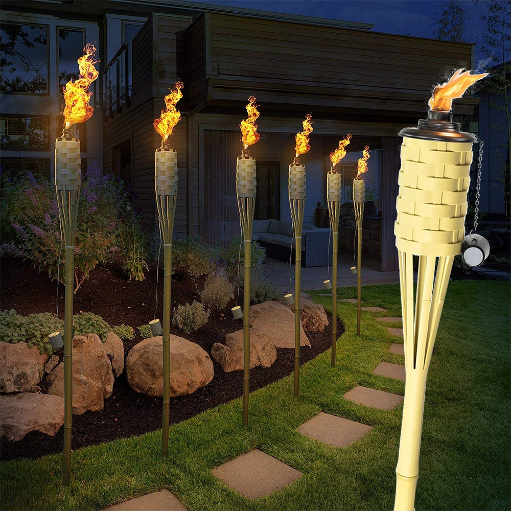 Wholesale Nature garden bamboo torch with weaving black metal tank outdoor tiki torch for sale