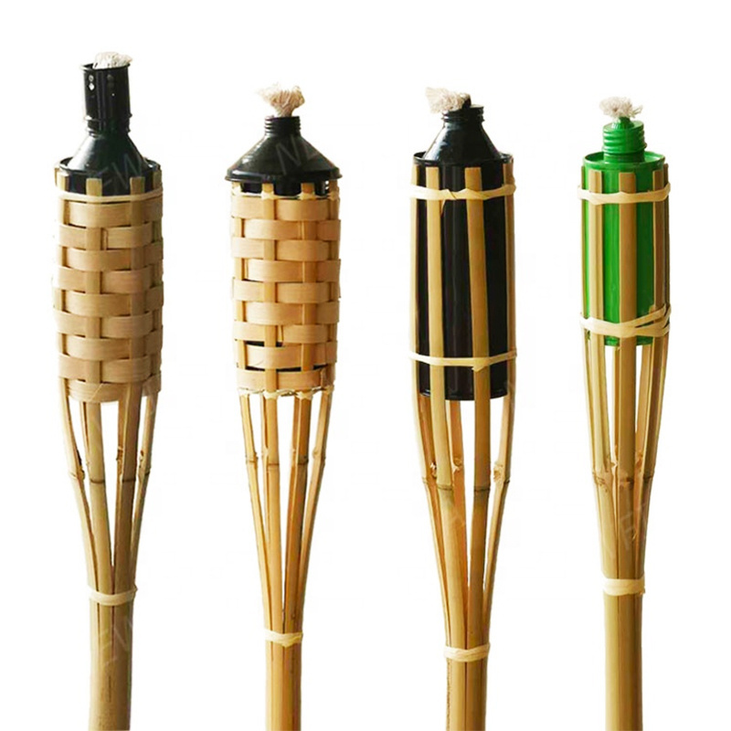 Wholesale Nature garden bamboo torch with weaving black metal tank outdoor tiki torch for sale