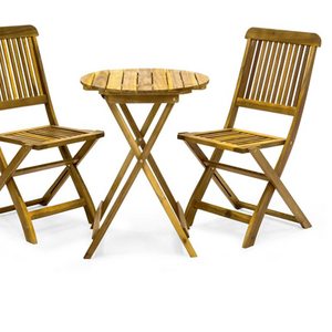 Outdoor Acacia wood bistro set includes a round table and 2 chairs, Vietnam acacia wooden furniture, outdoor furniture