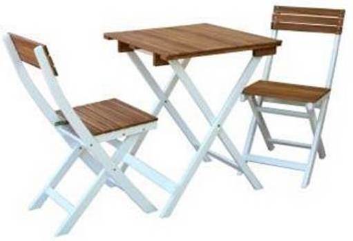 Set of Square Table and Folding Chairs, slats in Oil finish, white painted on legs