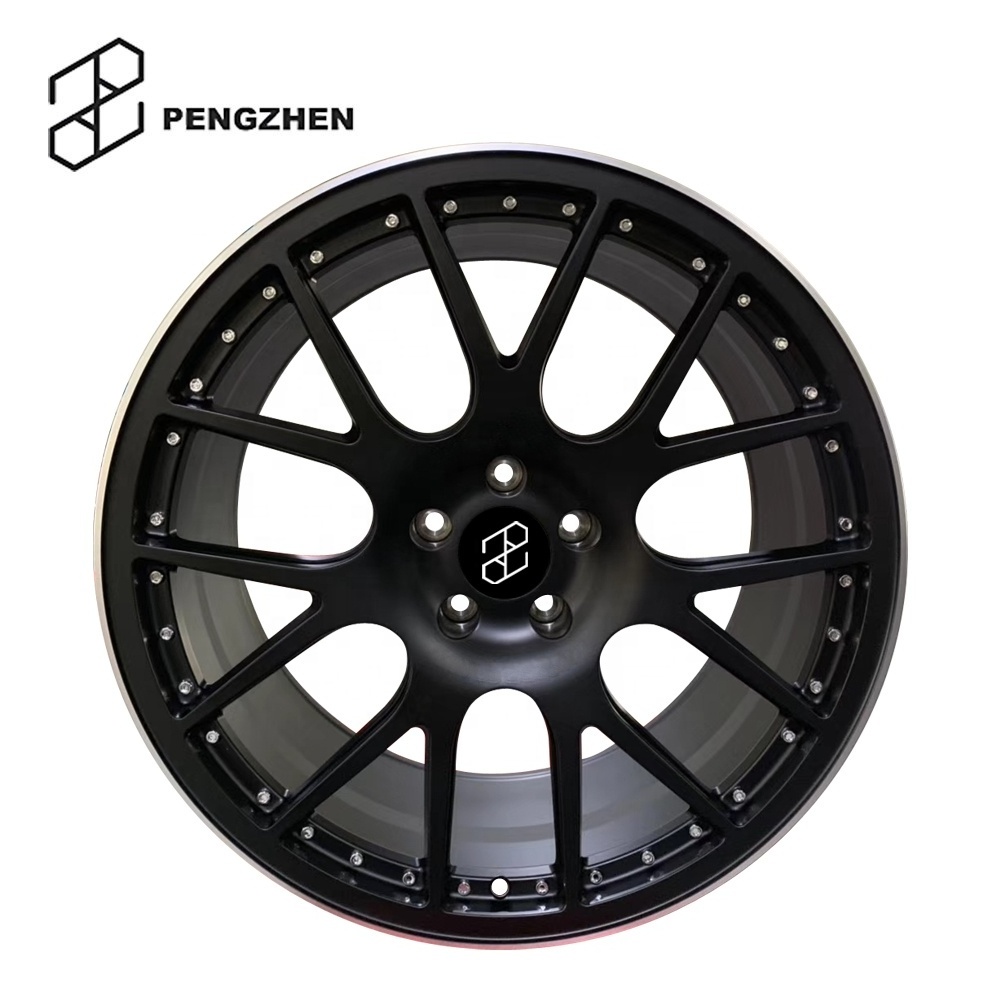 Pengzhen 19 20 inch 5x114.3 7 Spoke Black Matt Rim Silver Edge Forged Alloy One Piece Wheels for Tesla