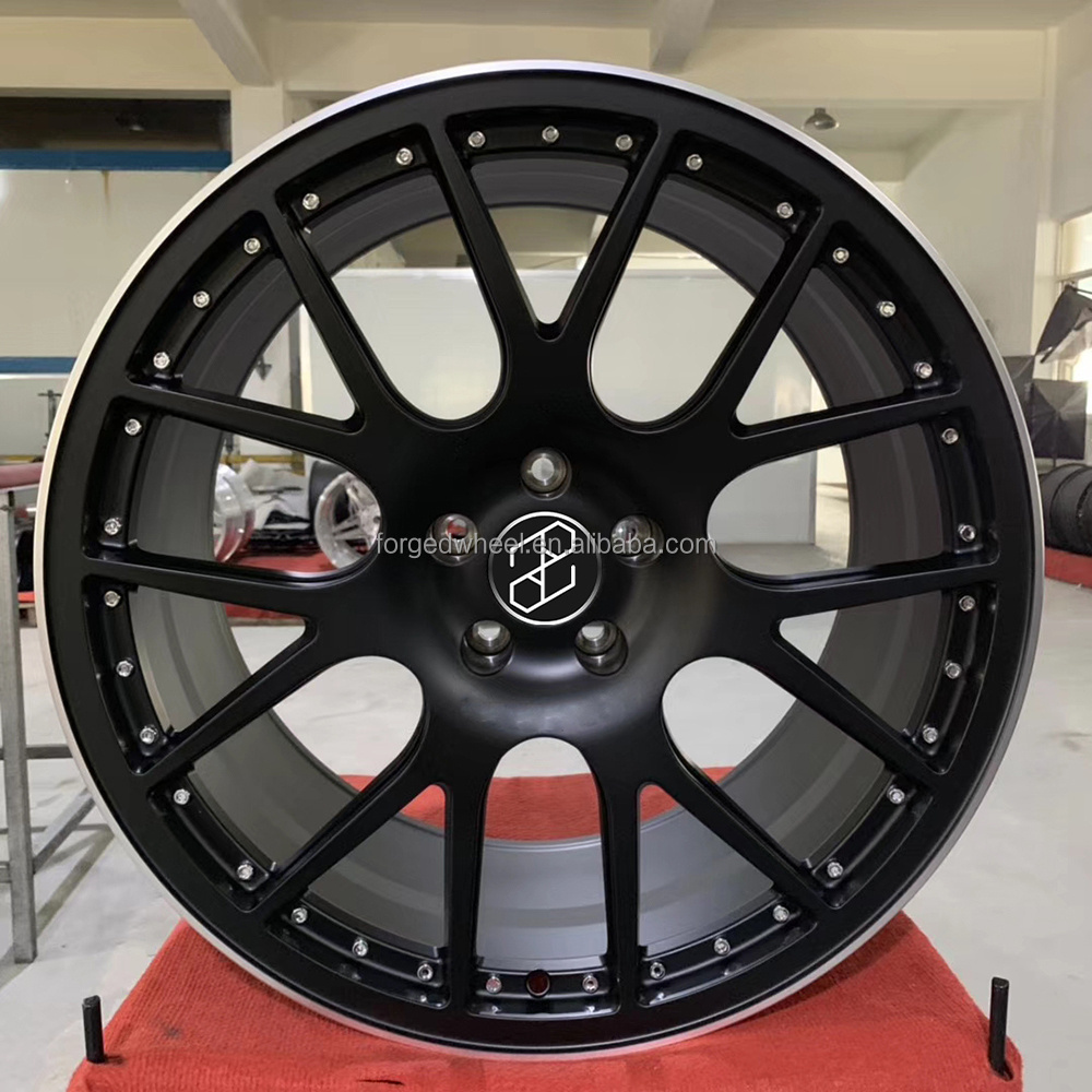 Pengzhen 19 20 inch 5x114.3 7 Spoke Black Matt Rim Silver Edge Forged Alloy One Piece Wheels for Tesla