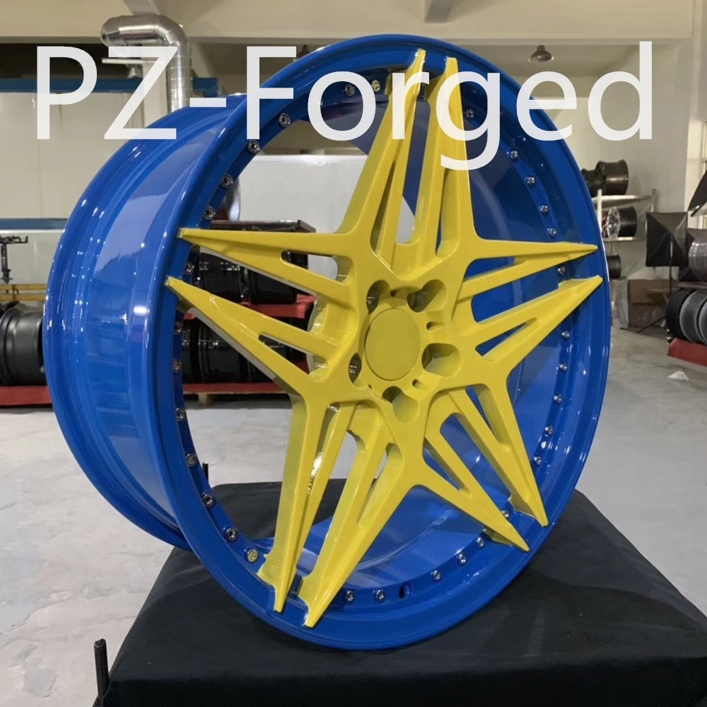 Pengzhen  5x114.3 18 19 20 inch Blue Lip Yellow Star 5 Spoke Alloy Monoblock Car Rims for Tesla model Y