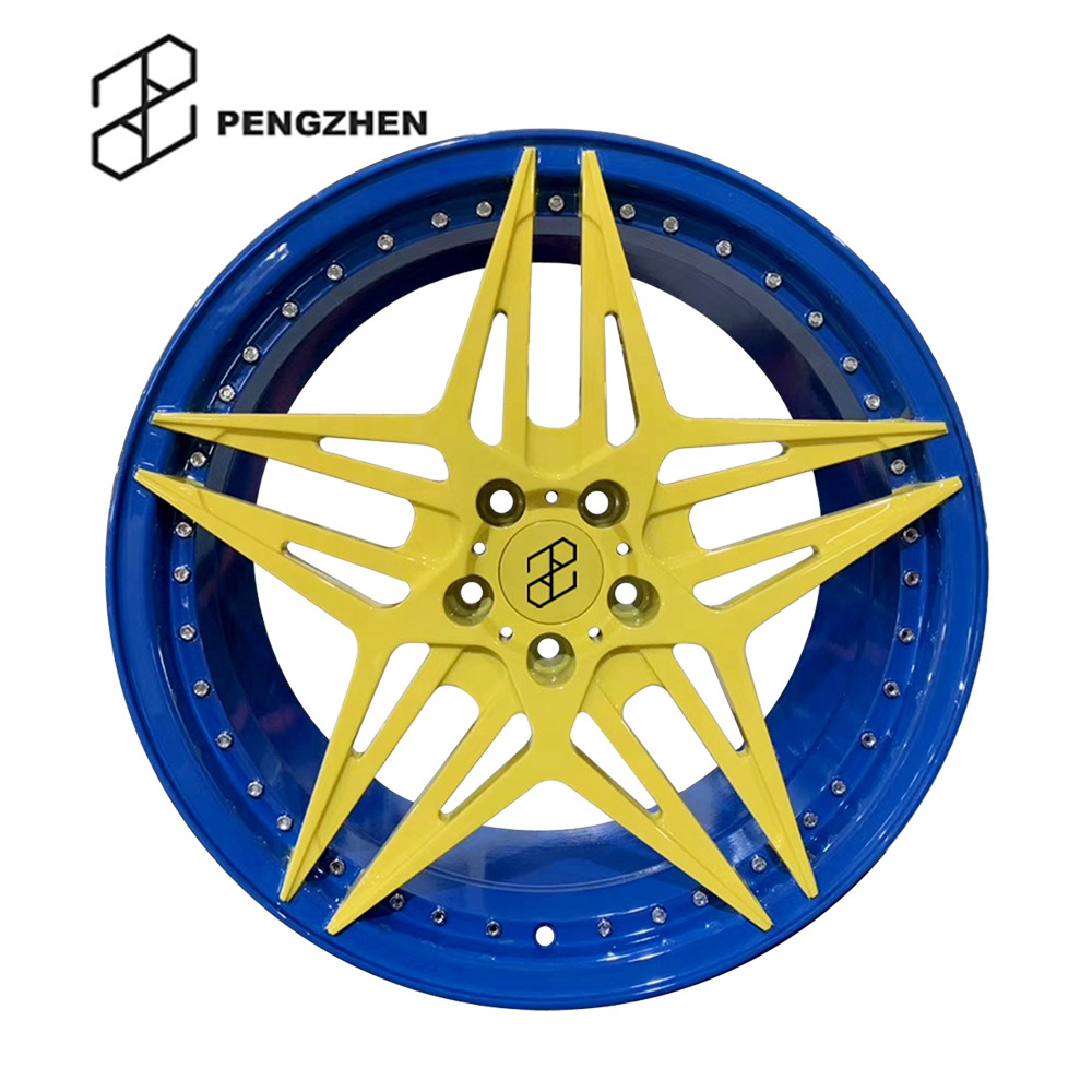 Pengzhen  5x114.3 18 19 20 inch Blue Lip Yellow Star 5 Spoke Alloy Monoblock Car Rims for Tesla model Y