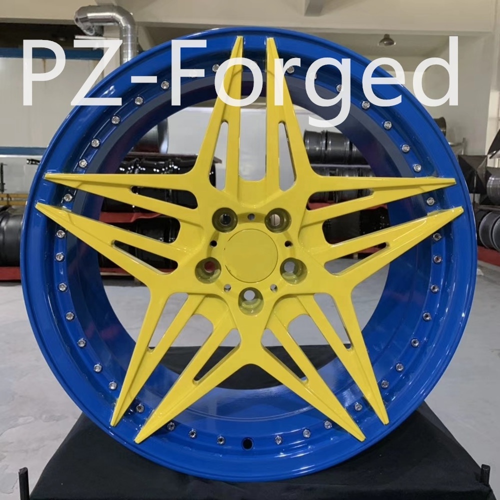 Pengzhen  5x114.3 18 19 20 inch Blue Lip Yellow Star 5 Spoke Alloy Monoblock Car Rims for Tesla model Y