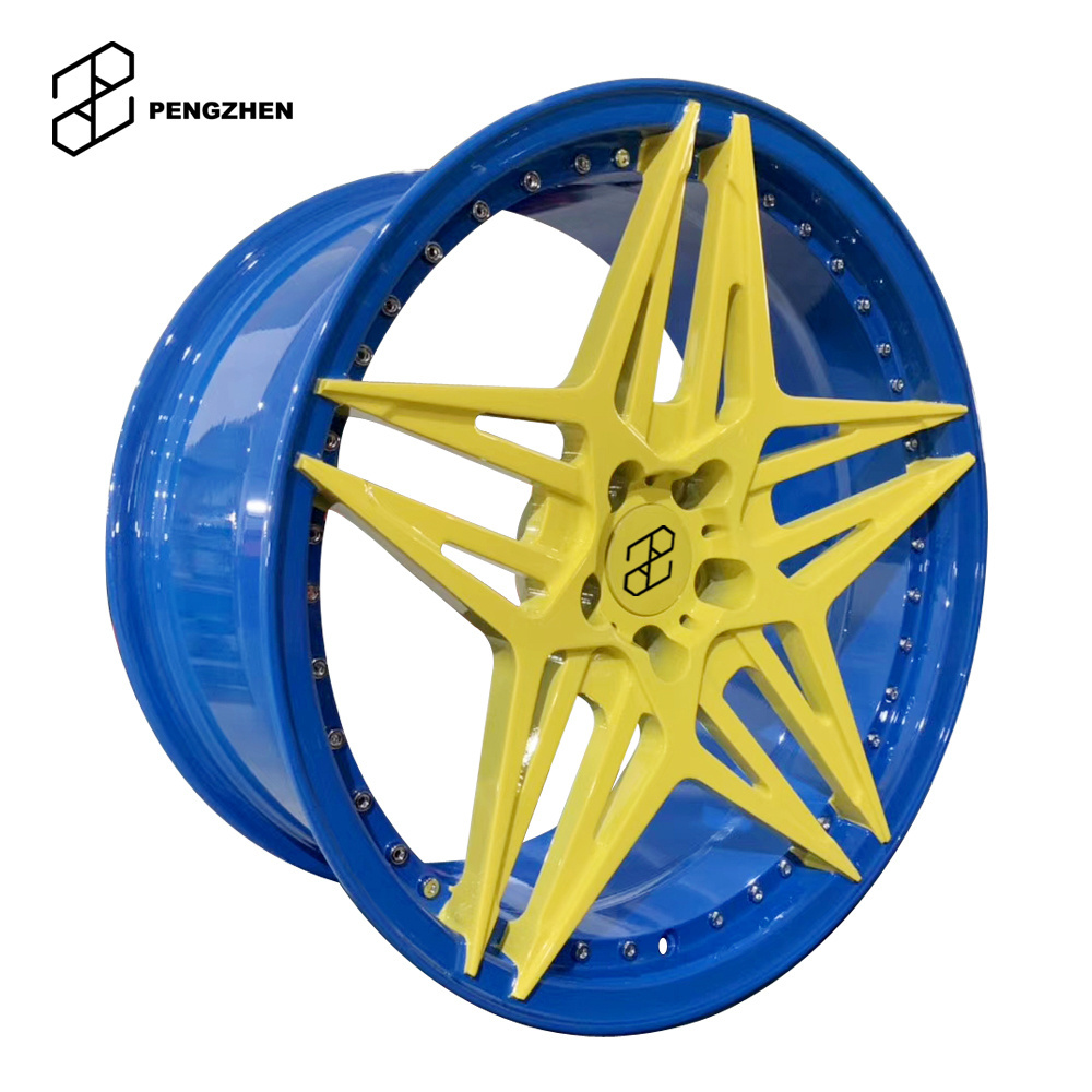 Pengzhen  5x114.3 18 19 20 inch Blue Lip Yellow Star 5 Spoke Alloy Monoblock Car Rims for Tesla model Y