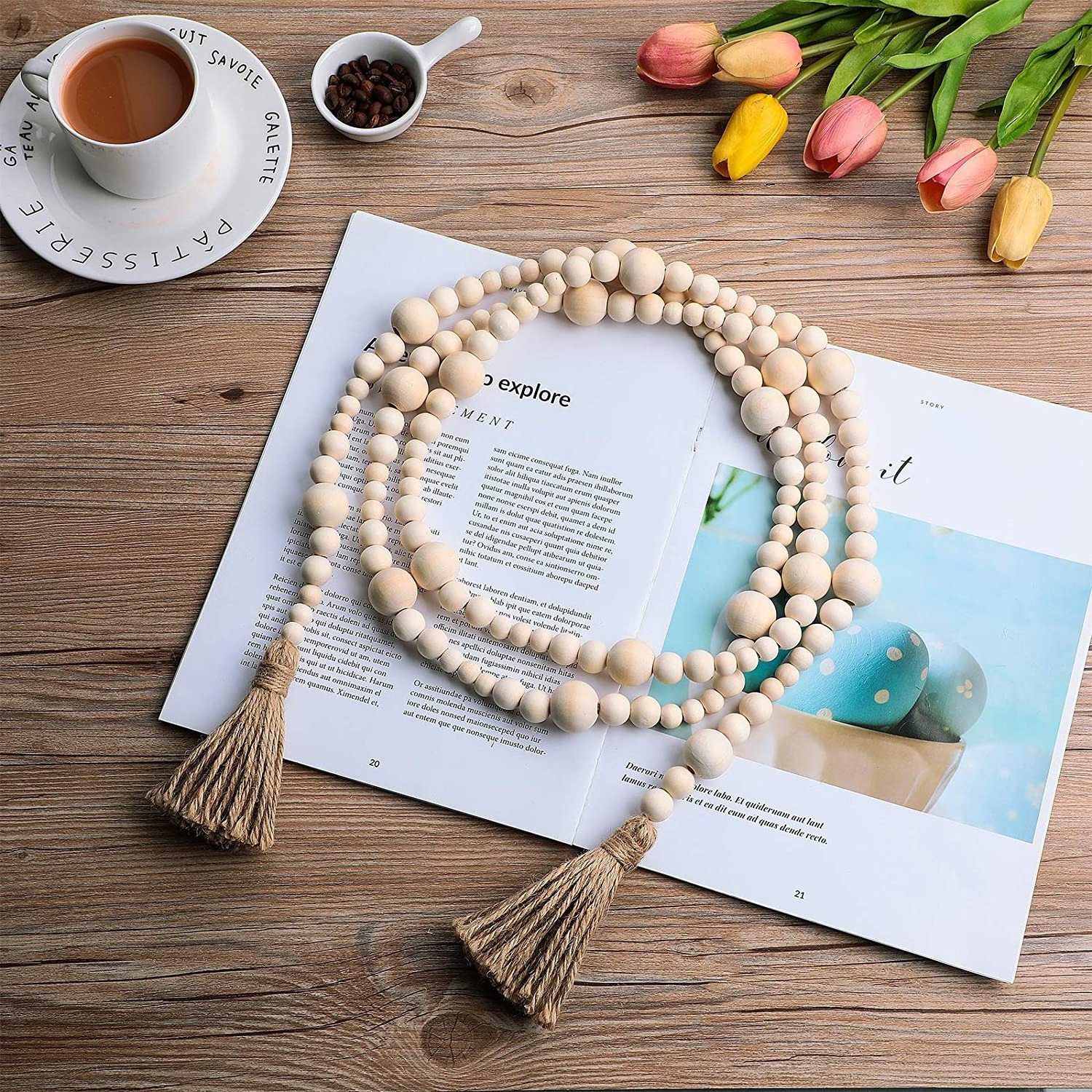 2 Pieces Wood Beads Garland Farmhouse Wooden Bead Hanging Garland with Tassels for Natural Holiday Wall Home Decoration