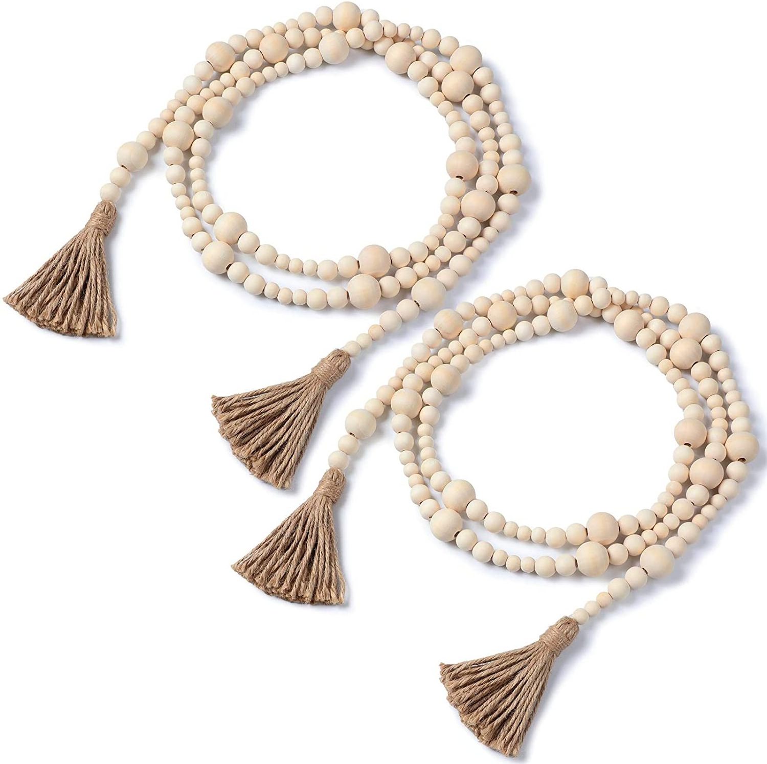 2 Pieces Wood Beads Garland Farmhouse Wooden Bead Hanging Garland with Tassels for Natural Holiday Wall Home Decoration