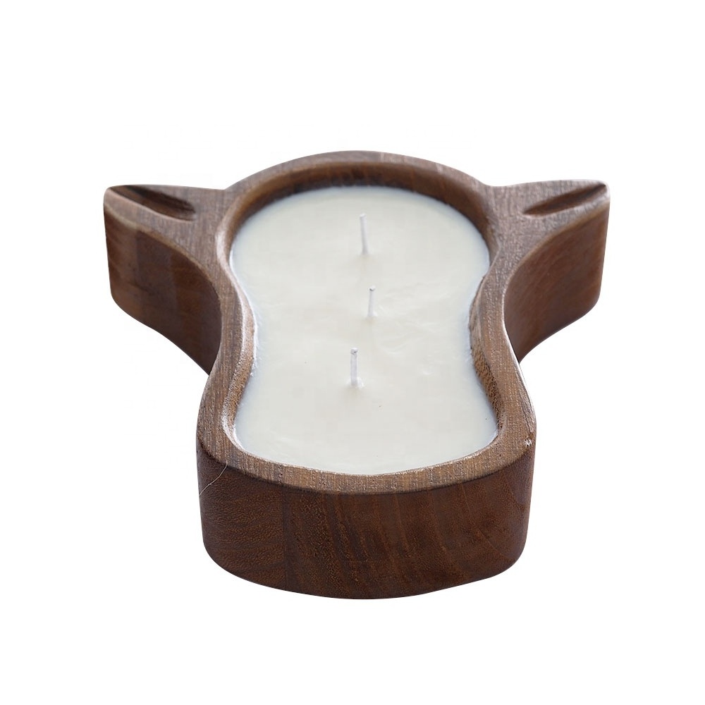 Cow Head Shape 3 Wick Wooden Dough Bowl Candle High Fragrance Load Long Burn Times Wooden Dough Candle Bowls