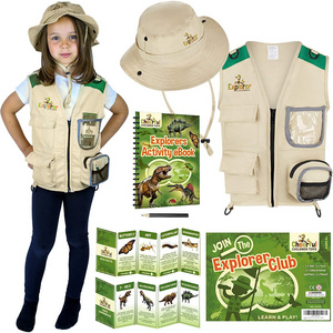 Cheerful kids explorer costume kit safari vest and hat, dinosaur and bug educational handbooks for outdoor adventures role play