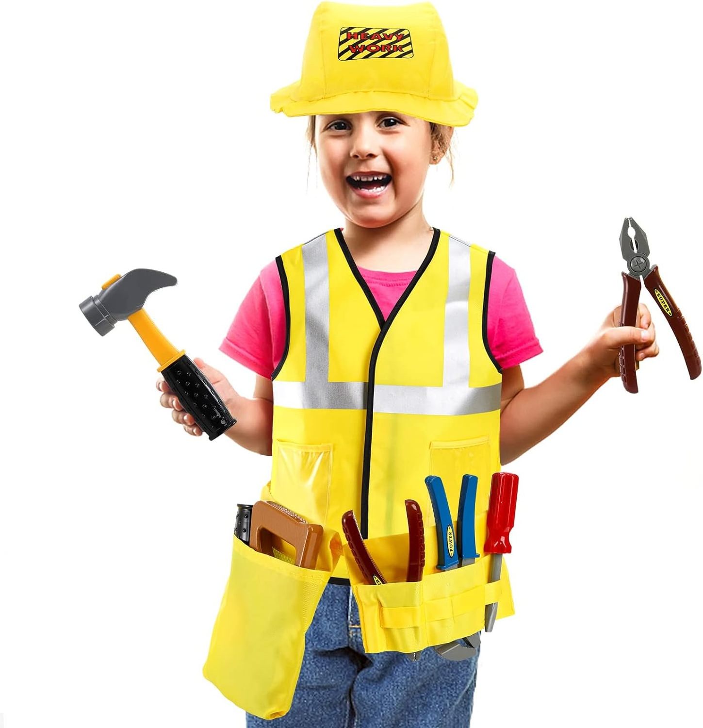 Construction worker children role play costume with mechanical tools set Pretend play kids play tool set