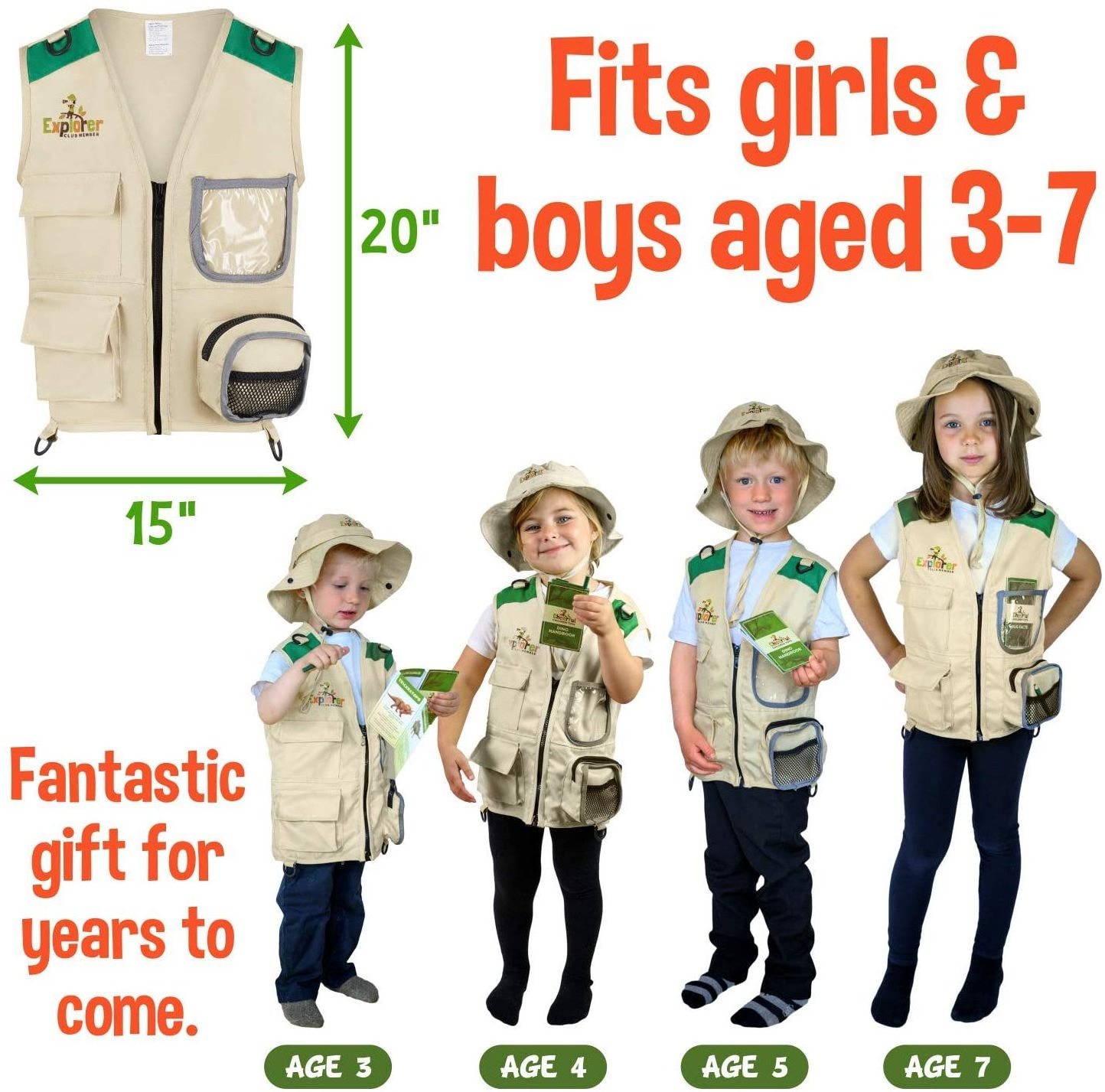 Cheerful kids explorer costume kit safari vest and hat, dinosaur and bug educational handbooks for outdoor adventures role play