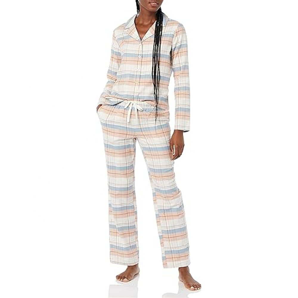 Essentials Women's Flannel Long-Sleeve Button Front Shirt and Pant Pajama Set Custom Digital Print Sleep Wear 100% Pure Cotton