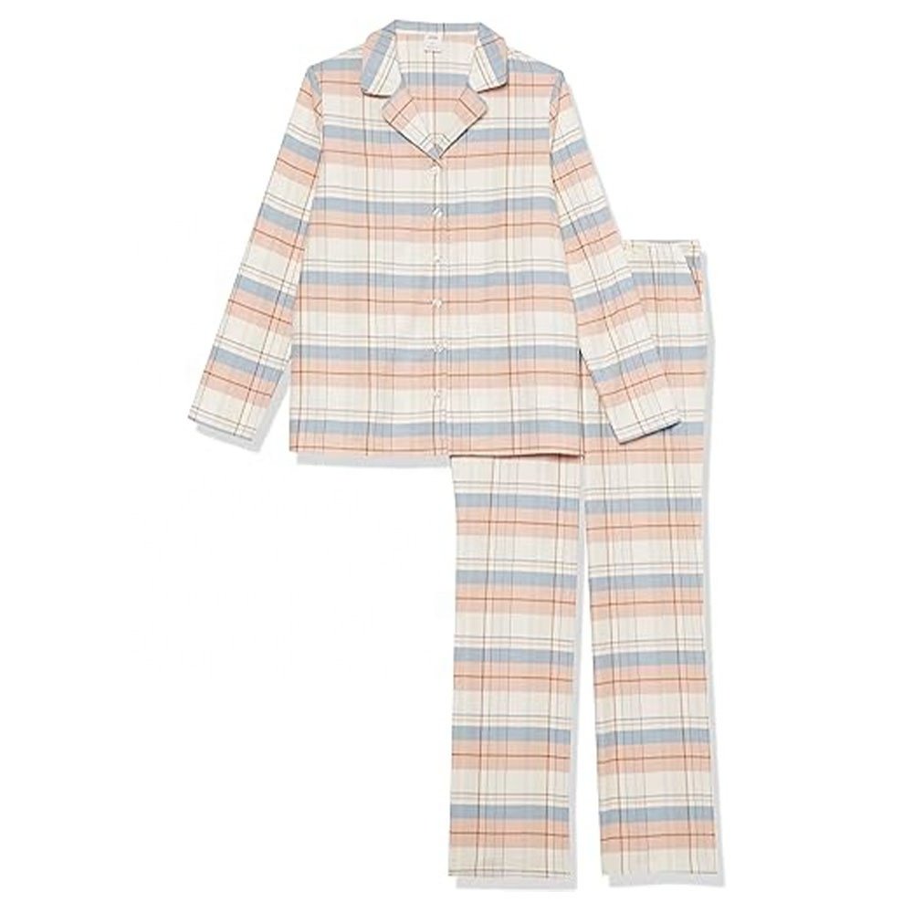 Essentials Women's Flannel Long-Sleeve Button Front Shirt and Pant Pajama Set Custom Digital Print Sleep Wear 100% Pure Cotton