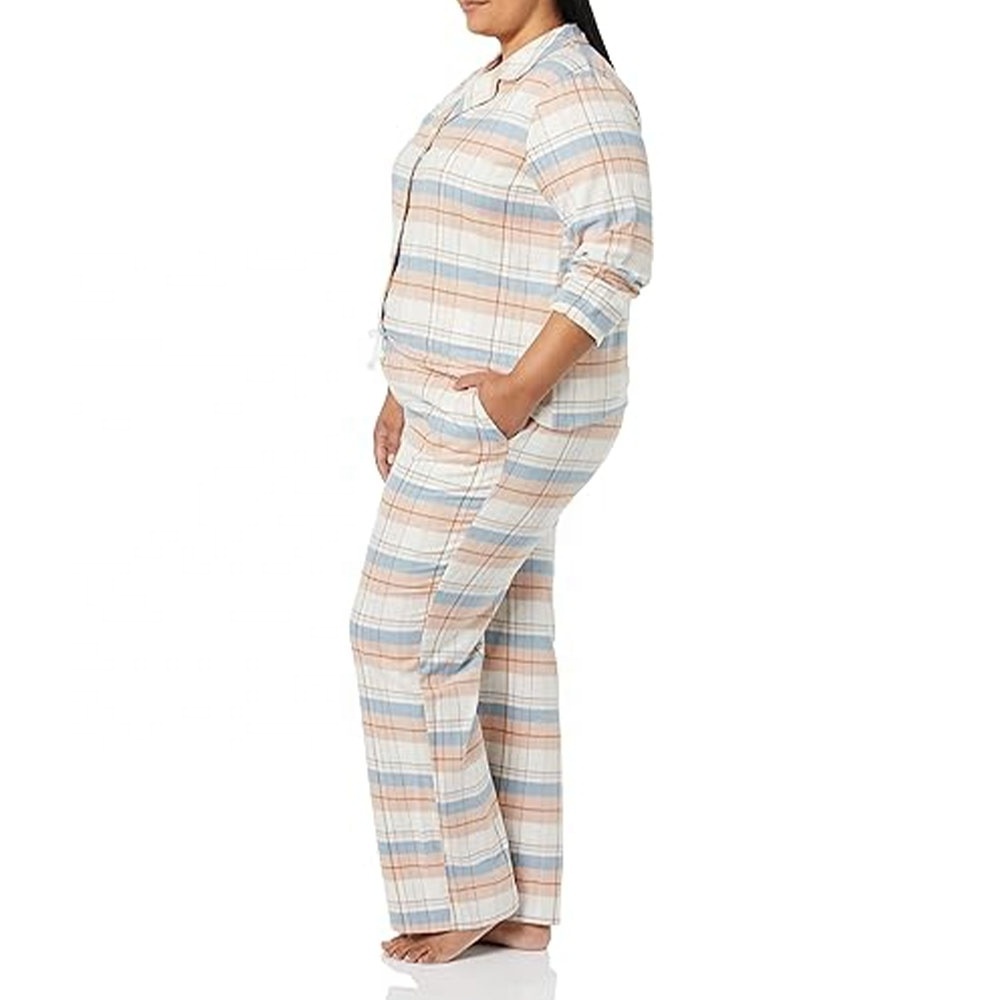 Essentials Women's Flannel Long-Sleeve Button Front Shirt and Pant Pajama Set Custom Digital Print Sleep Wear 100% Pure Cotton