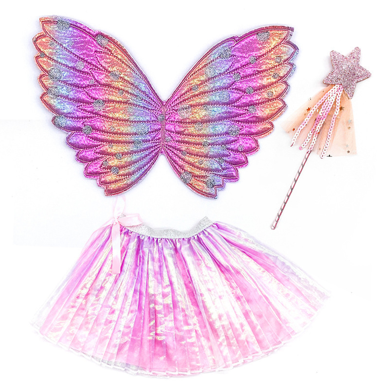 2023 Butterfly Angel Wings Princess Laser Print Skirt Star Fairy Stick Festival Costume Kids Party Dress Up