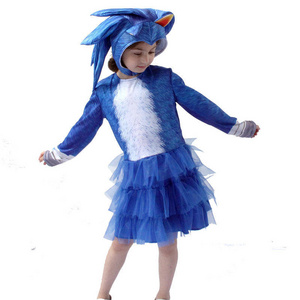 Funny Halloween Cosplay Costumes Blue Color Long Sleeve Hedgehog Tutu Dress With Hat